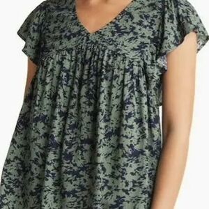 Caslon Babydoll Slightly Cropped Top in Navy and Sage Green, XL, 12-16